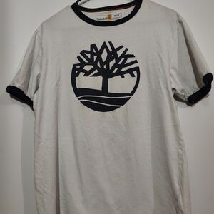 Timberland Logo Ringer T-Shirt Men’s Medium Cream Navy Graphic Tee